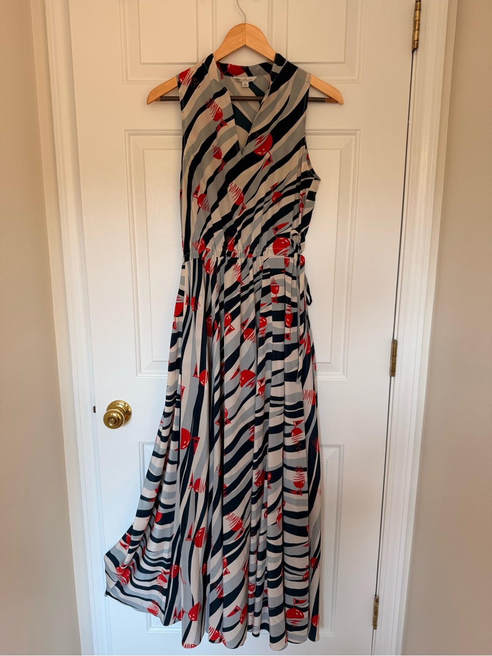 L.L. Bean Signature Silk Maxi Dress in Navy Cream & Reds